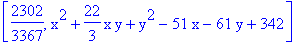 [2302/3367, x^2+22/3*x*y+y^2-51*x-61*y+342]